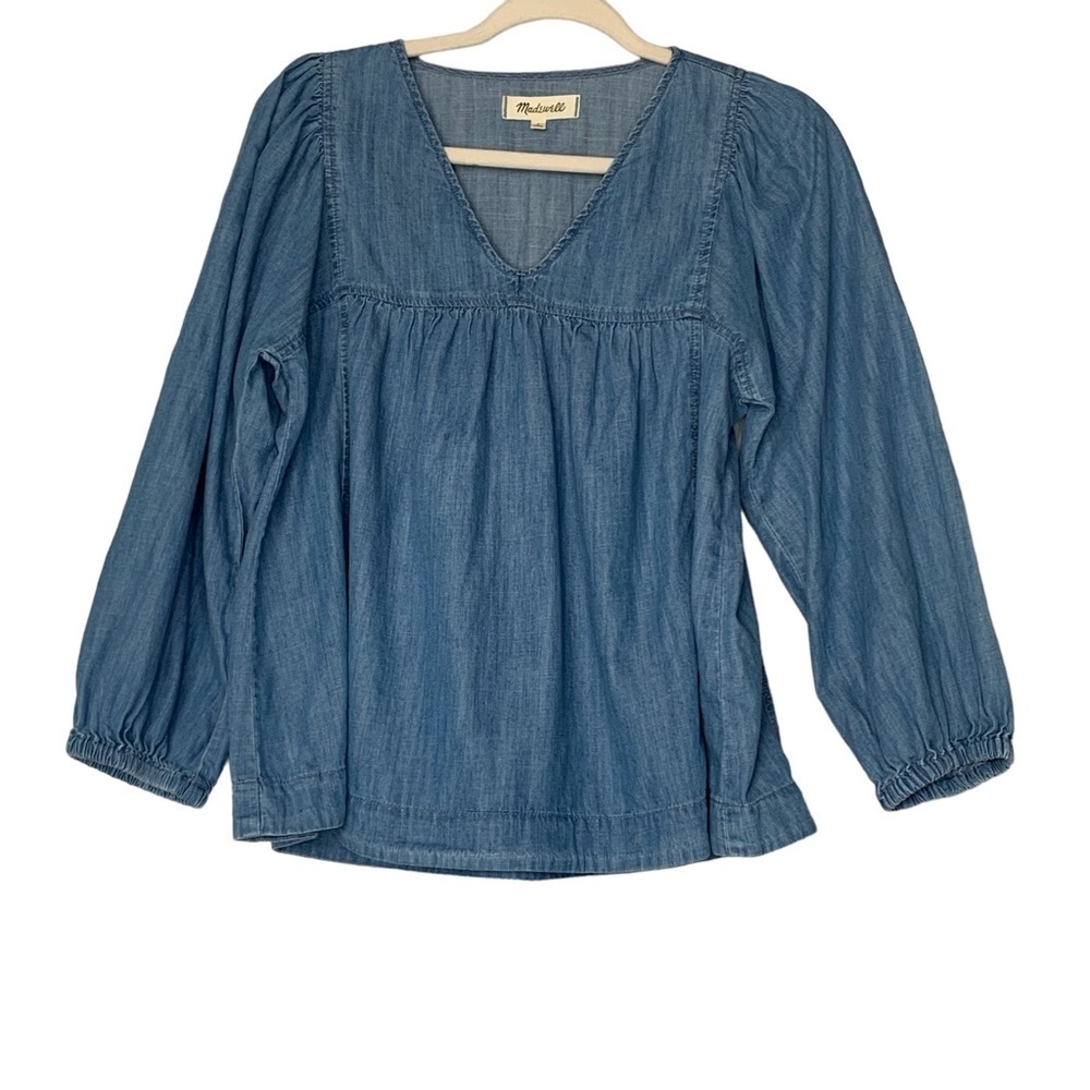 Madewell Blue Denim V-Neck Long Sleeve Peasant Blouse